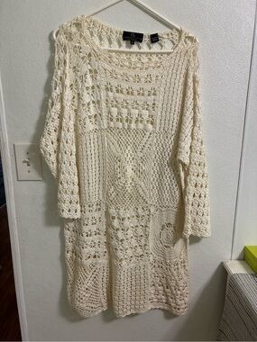 Carole Little VintageCream Open Crochet Knit Dress Swim coverup M